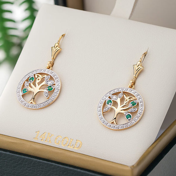 14k Gold, Diamonds & Emeralds Tree of Life Earrings