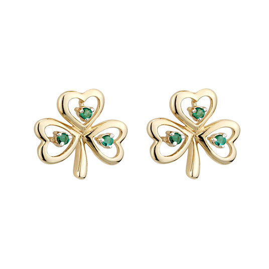 14k Gold Shamrock Stud Earrings w/ Emeralds