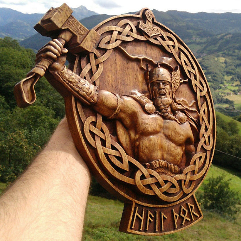 Carved Wood Hail Thor Wall Hanging