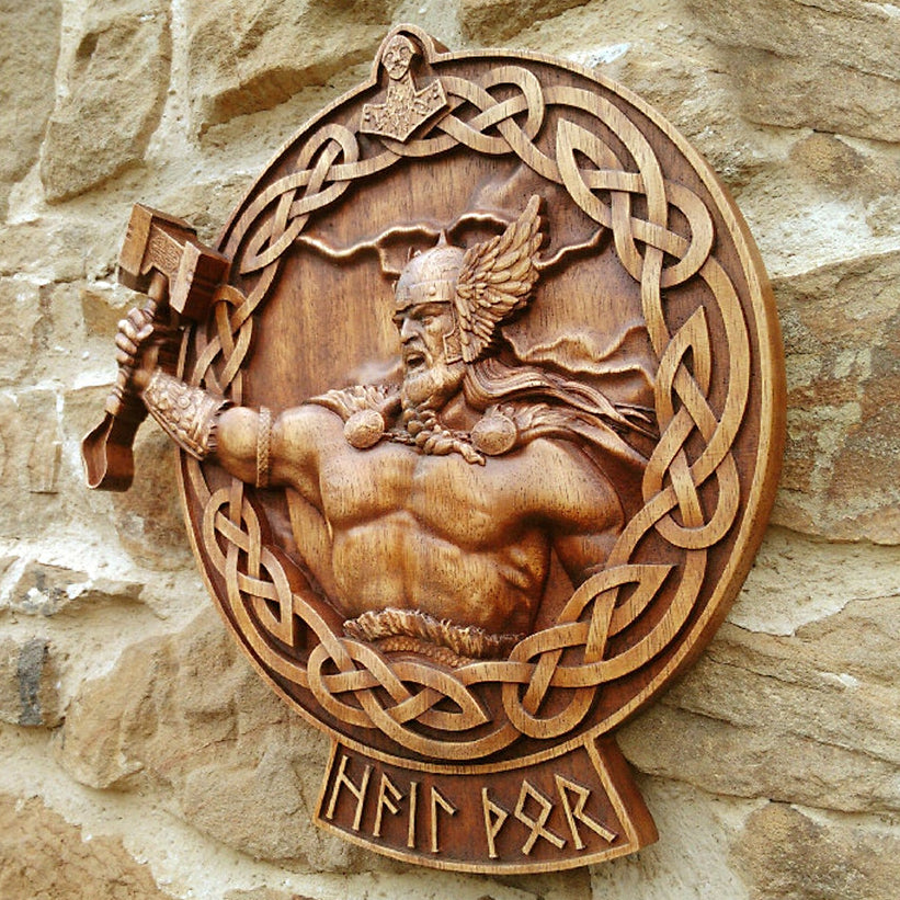 Carved Wood Hail Thor Wall Hanging
