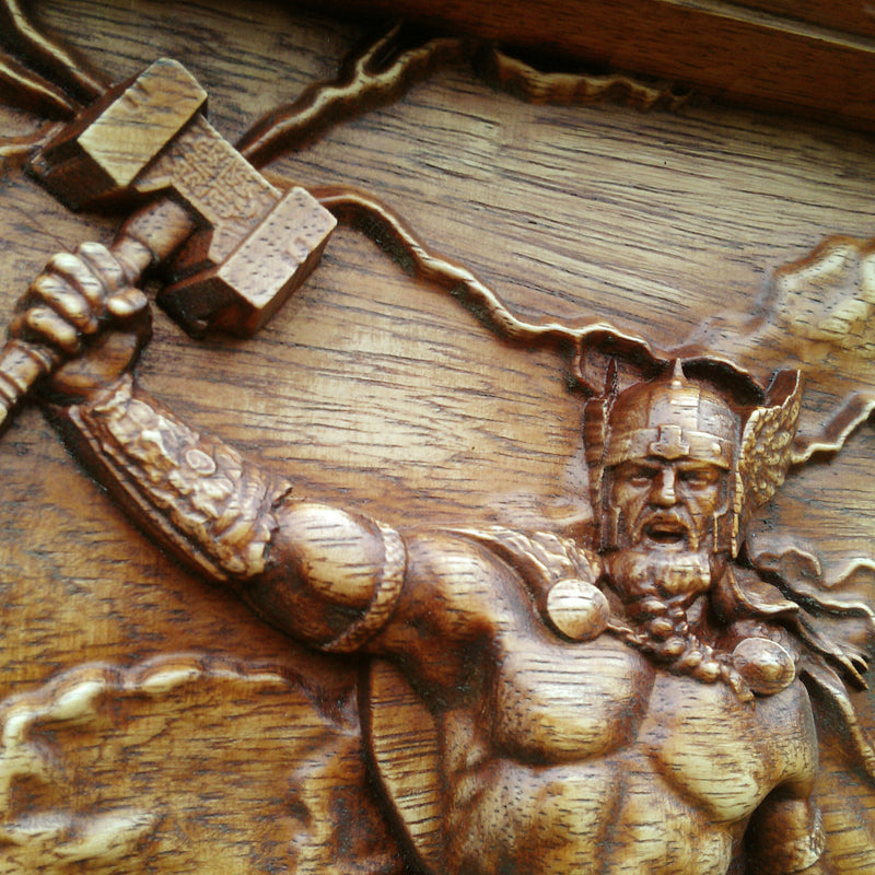 Thor Norse Wood Carving - Wall Woodwork Art - Forged in Wood