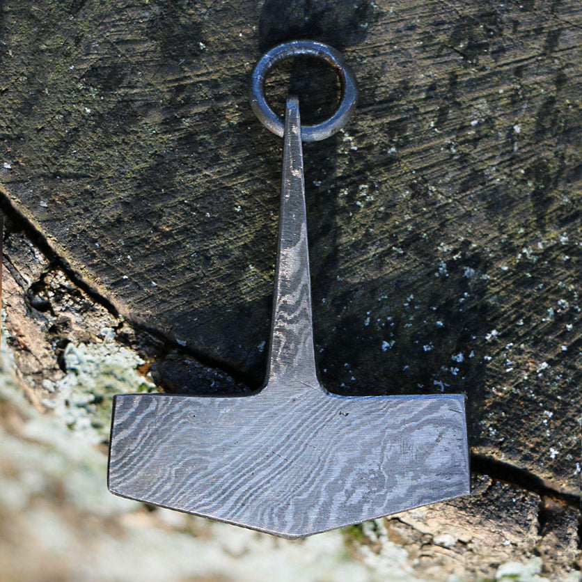 Hand Forged Damascus Steel Mjolnir Necklace