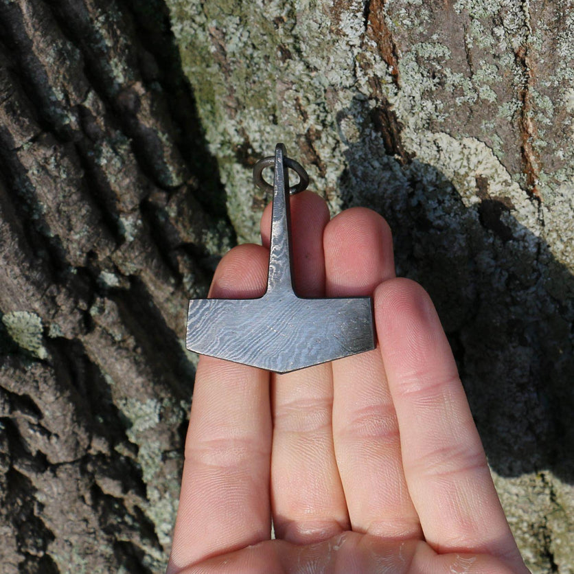 Hand Forged Damascus Steel Thor's Hammer Jewelry