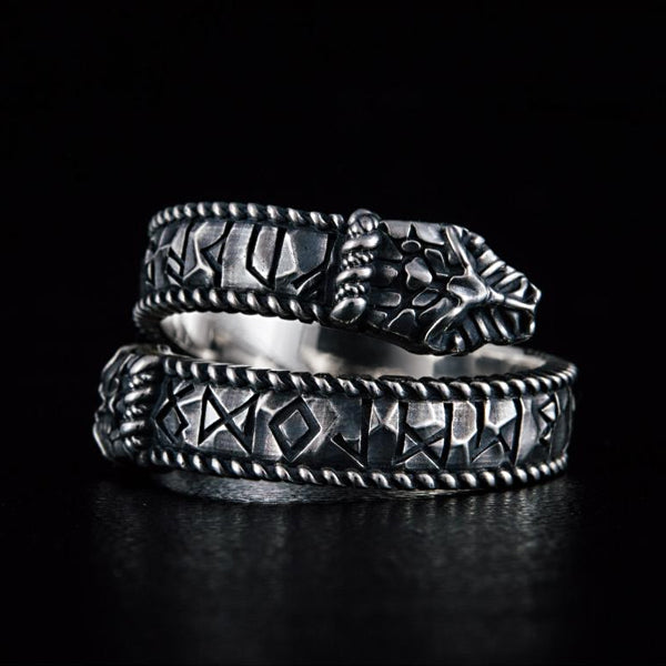Jormungandr and Runes Ring - Sterling Silver or Gold