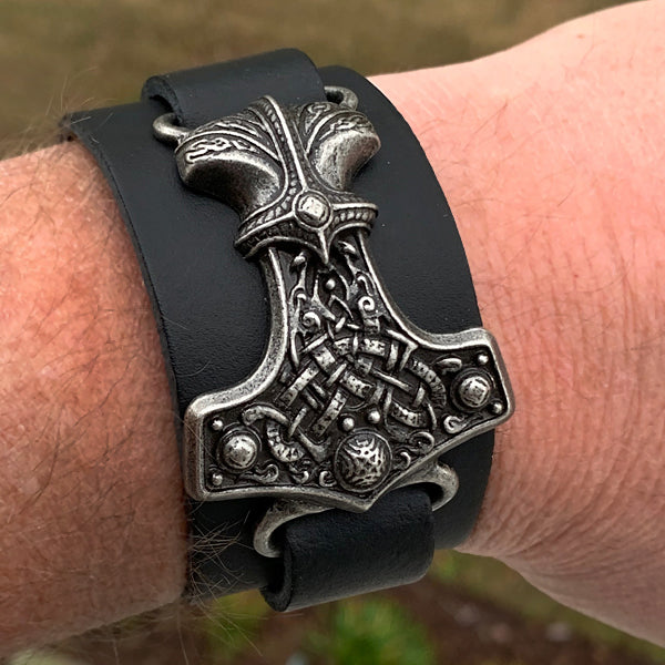 Mjolnir Thor's Hummer Black Leather Viking Bracelet Fathers Day Dad Gift for Men - Mens Leather Cuff Wristband - Genuine Leather Viking Punk LV Axe