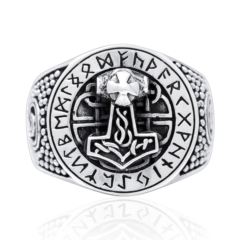 Mjolnir and Runes Ring - Sterling Silver