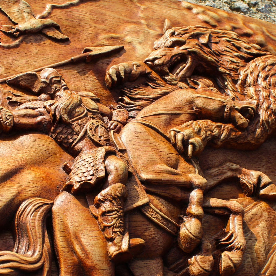 Carved Wood Odin vs Fenrir Wall Hanging