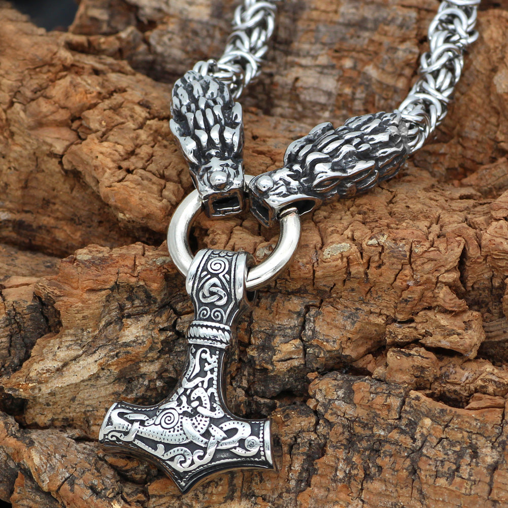 Wolf Heads & Mjolnir Chunky Chain - Stainless Steel