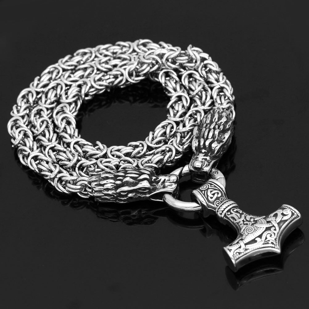 Wolf Heads & Mjolnir Chunky Chain - Stainless Steel