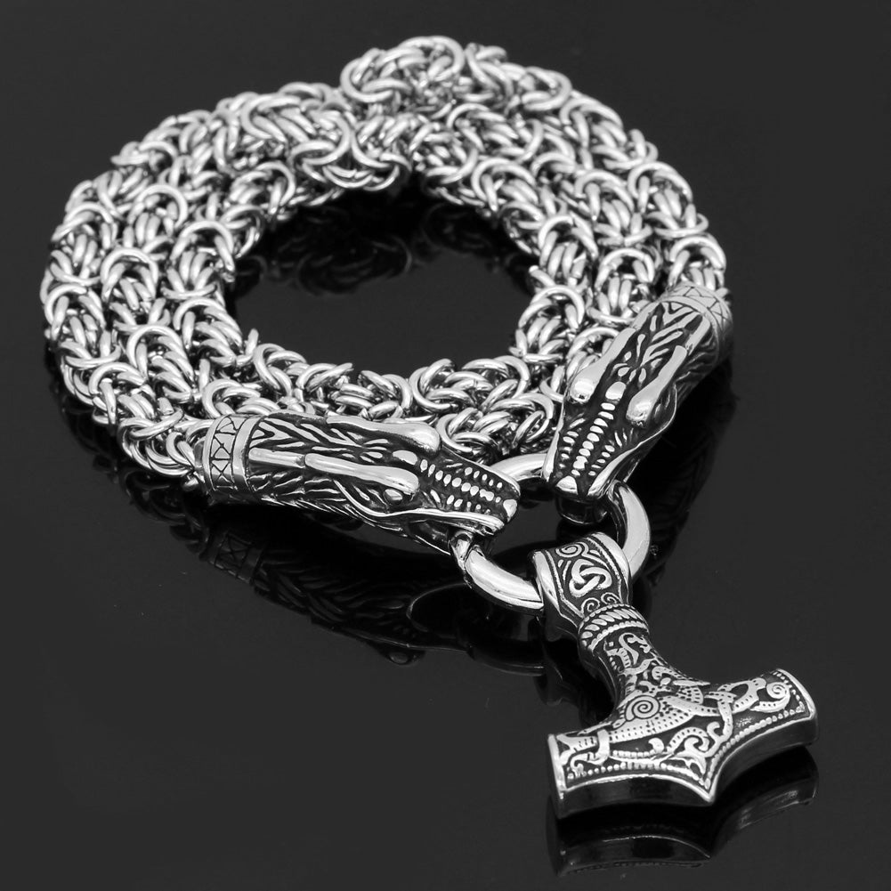 Norse Dragons - Kings Chain & Mjolnir - Stainless Steel