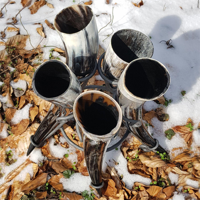 Set of 5 Horn Cups  Wood Bottom Drinking Horn Mug - Warm Hearth Creations