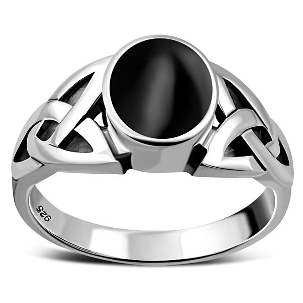 Smaller Black Onyx Triquetra Ring - Sterling Silver