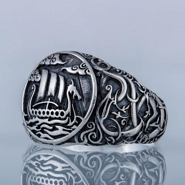 Drakkar and Serpent Ring - Sterling Silver or Gold
