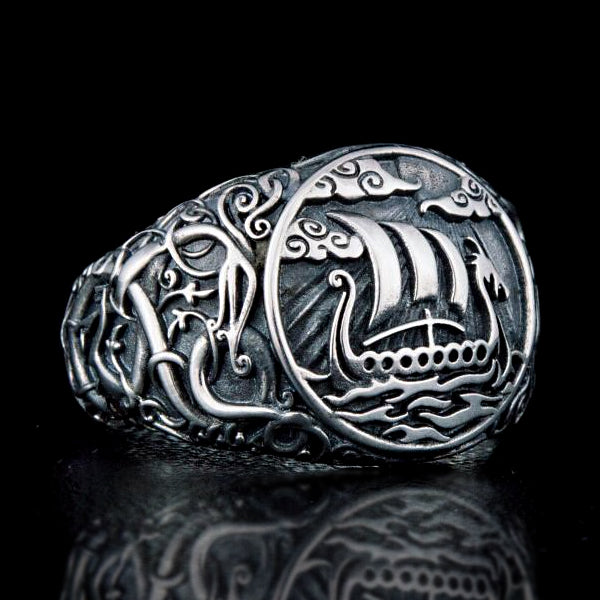 Drakkar and Serpent Ring - Sterling Silver or Gold