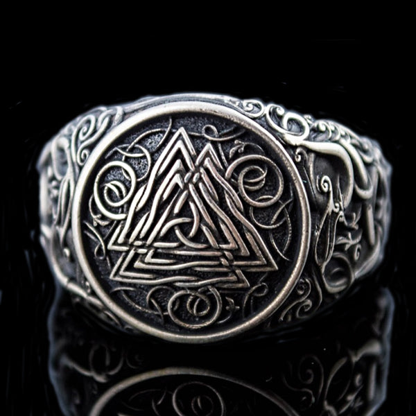 Valknut and Serpent Ring - Sterling Silver or Gold