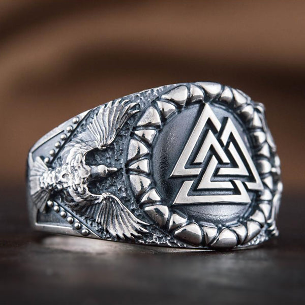 Valknut and Ravens Ring - Sterling Silver or 14k Gold