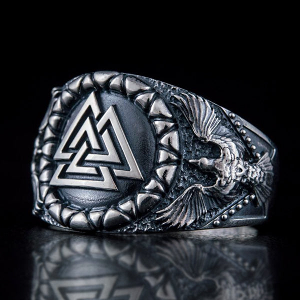 Valknut and Ravens Ring - Sterling Silver or 14k Gold