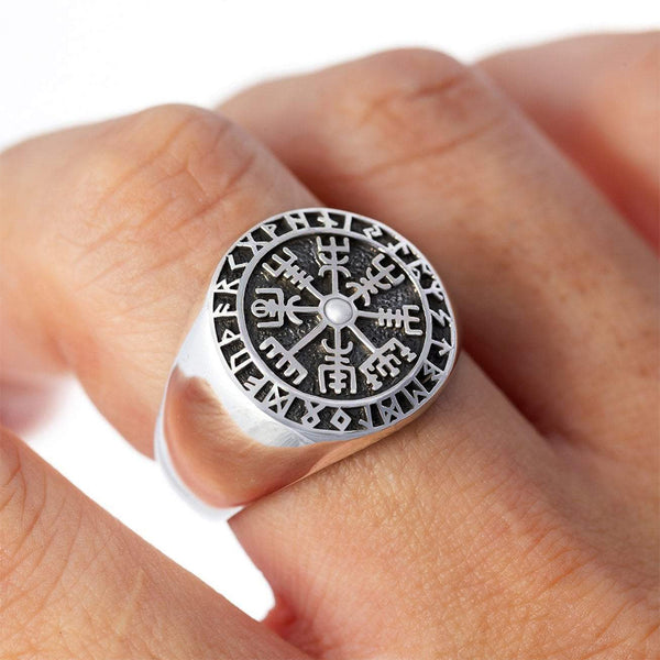 Icelandic Wayfinder  and Runes Ring - Sterling Silver