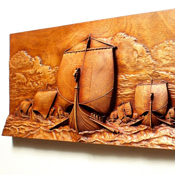 Carved Wood Panoramic Viking Raid