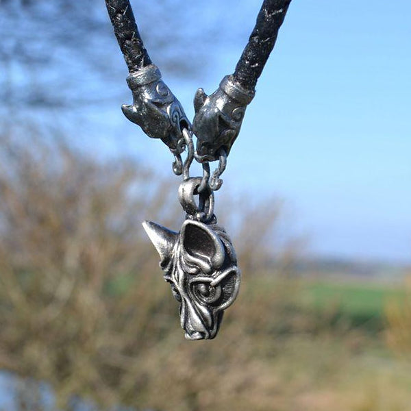 Viking Wolf - Leather Chain w/ Wolf Heads - Pewter
