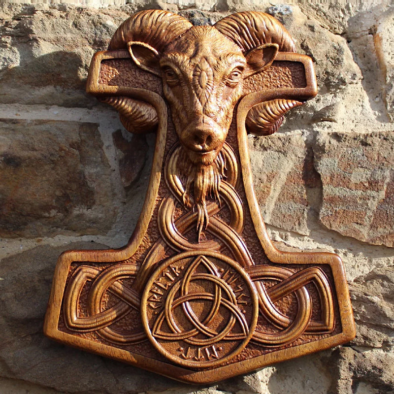 Carved Wood Mjolnir Wall Hanging